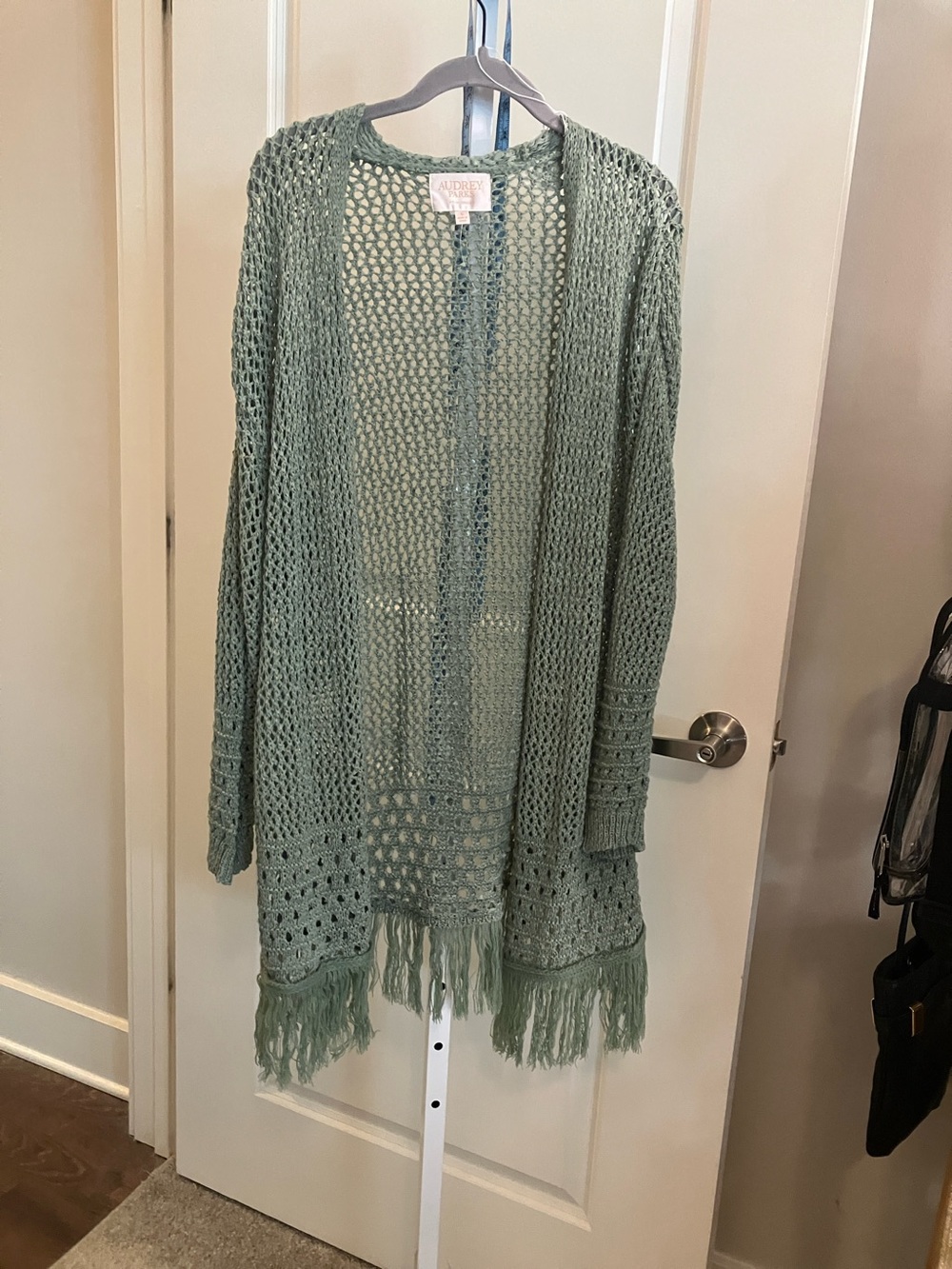 Francesca's Collections Sage Green Open-Knit Fringe Cardigan